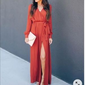 VICI LONG SLEEVE SOLID BARDOT WRAP MAXI DRESS
